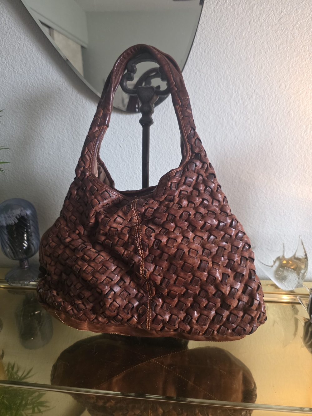 Woven Leather Shoulder Bag - Brown